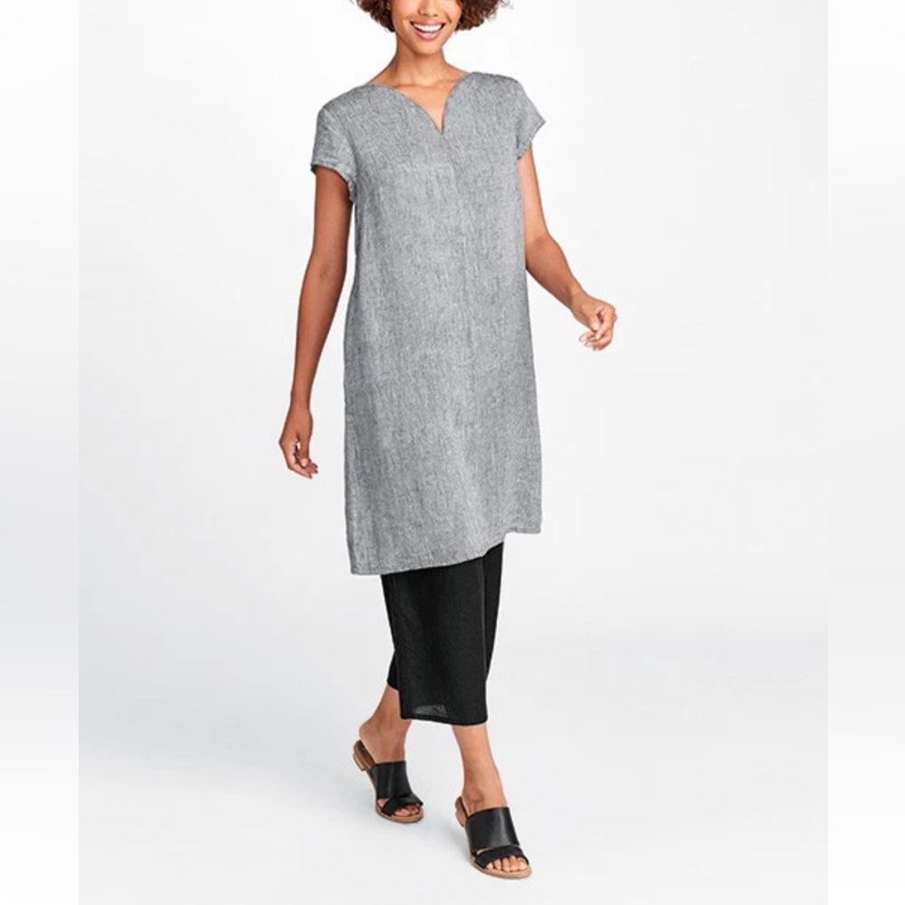 FLAX Linen Oversized Cap Sleeve Mini Dress 
2 Pockets Gray Black S